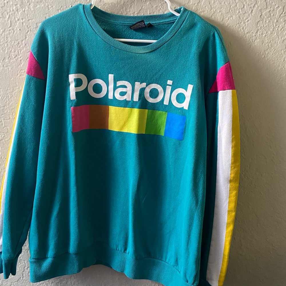 polaroid teal crewneck